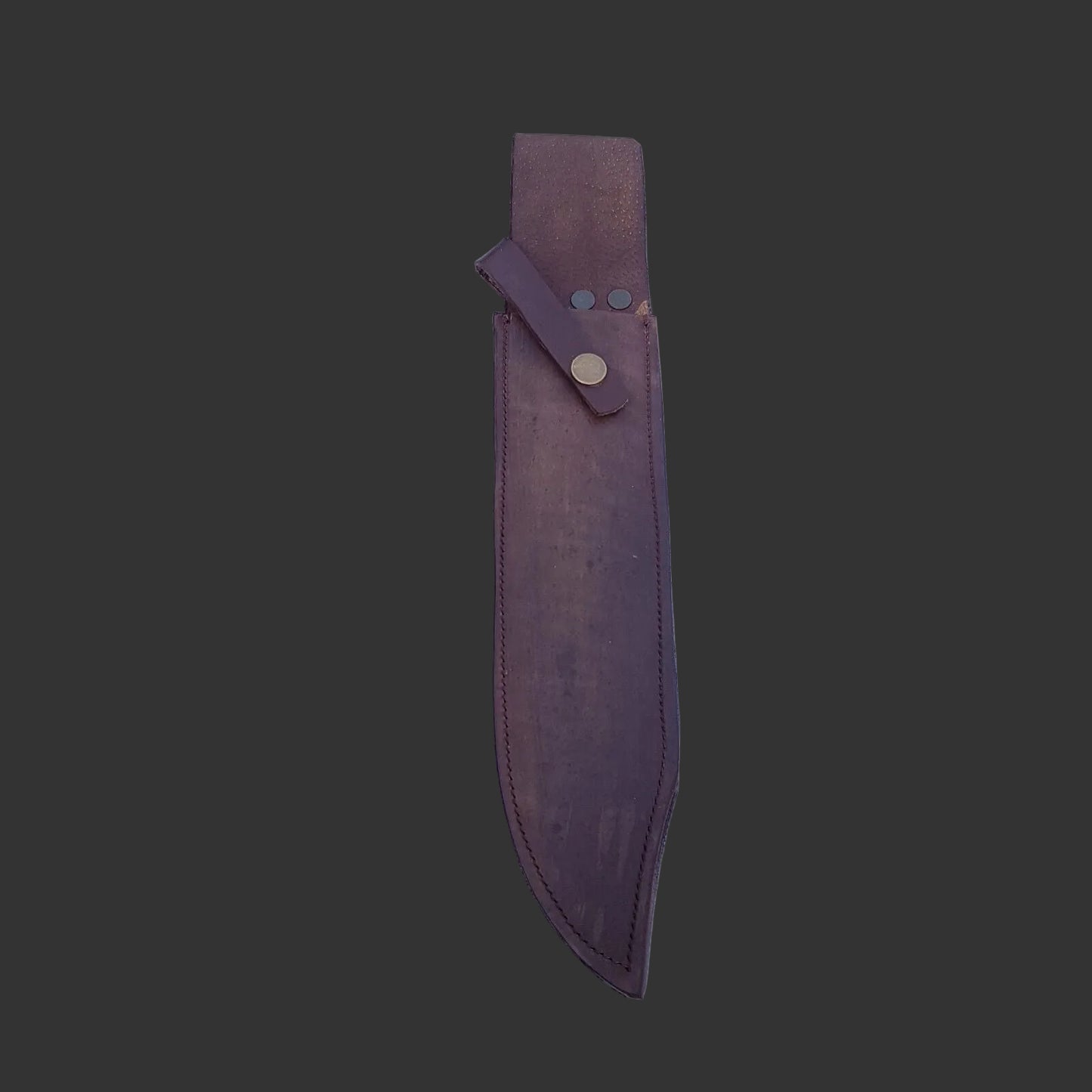 Brown leather sheath for a Schrade Uncle Henry Next Generation Bowie knife with a snap closure, placed on a white surface.