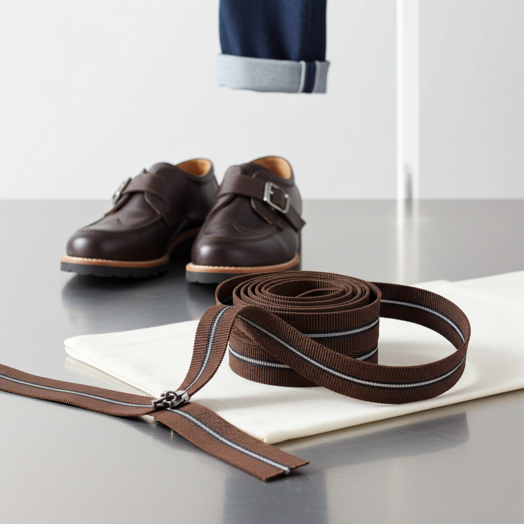 A brown buckle elastic , shown coiled on a white mat with a matching loose strap in front. A pair of brown leather shoes and a folded navy pant leg are placed behind on a grey tabletop against a white wall.
