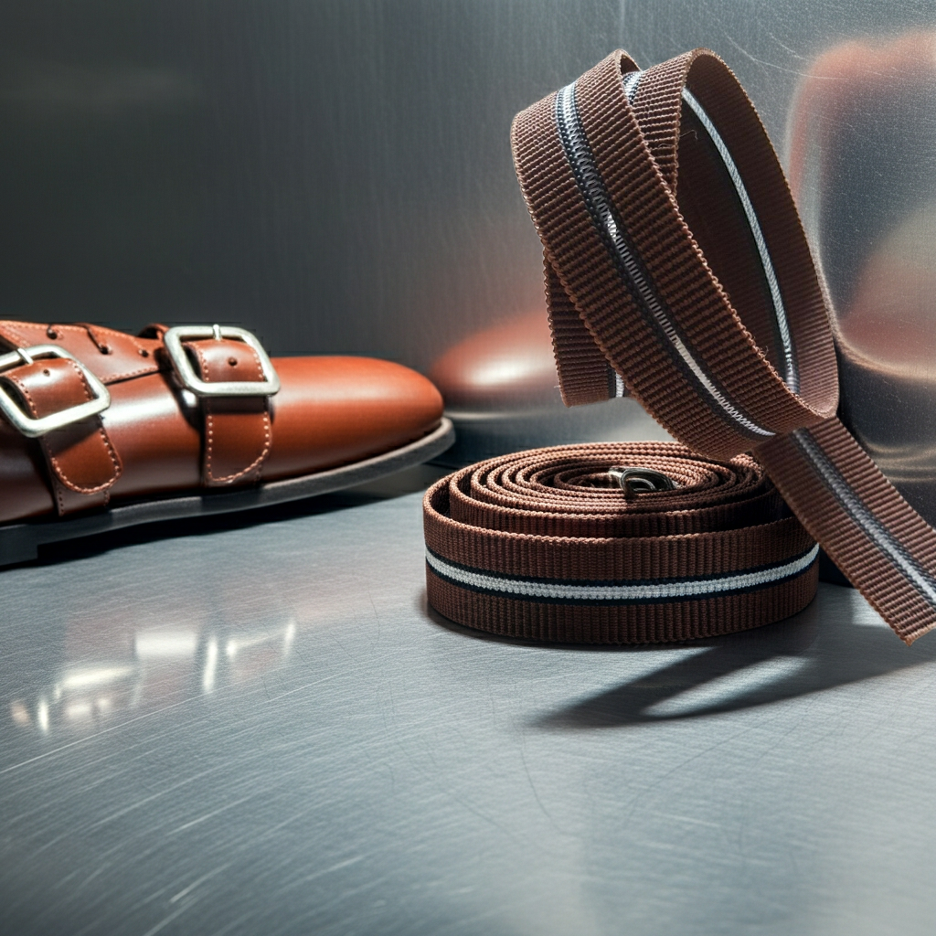 A close-up product shot showing a pair of brown leather double-strap loafers alongside coiled brown buckle elastic on a brushed metallic surface.