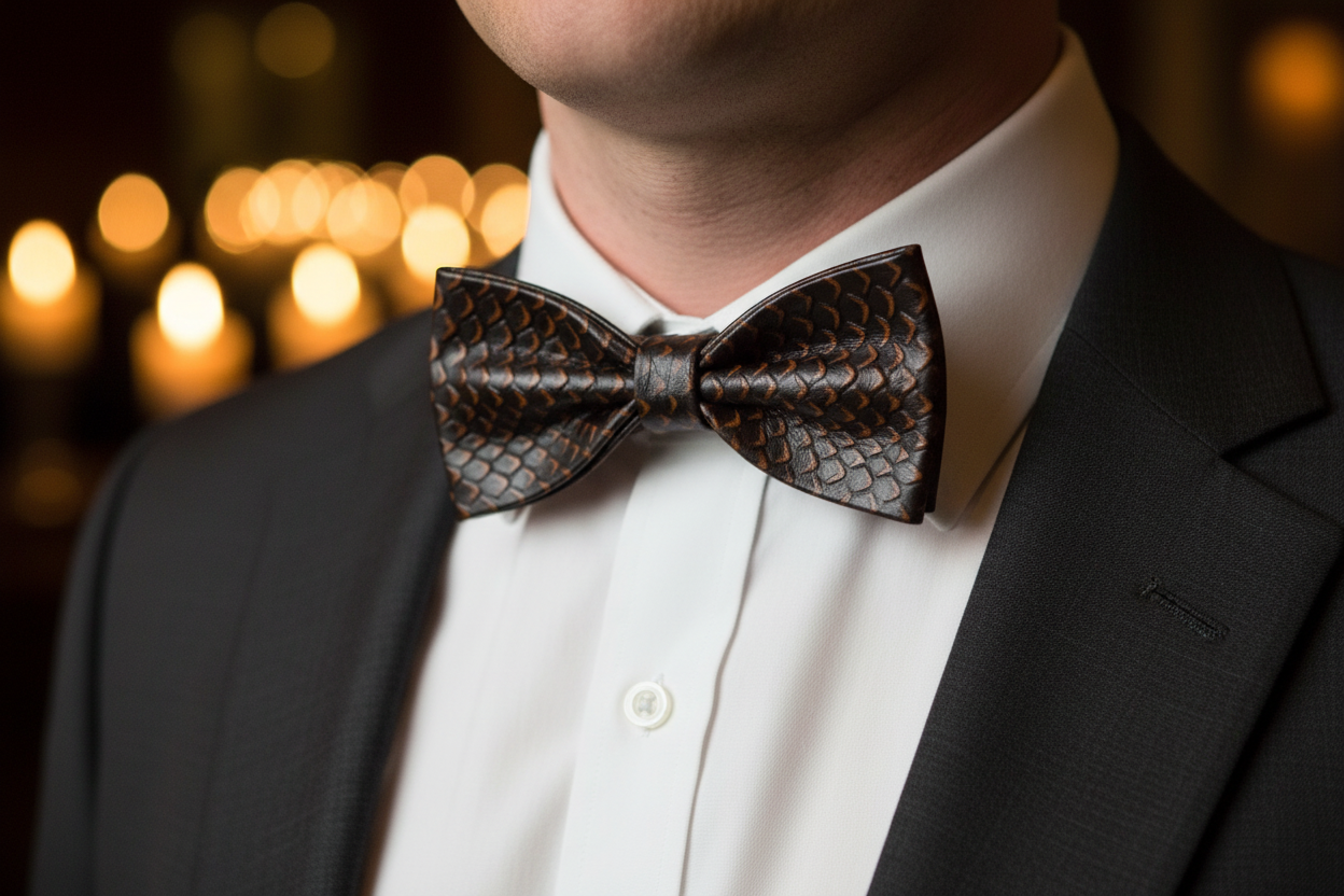 Man wearing a dark rich brown rattlesnake scale print leather bow tie with a white dress shirt and charcoal dinner jacket in an elegant candlelit evening setting.