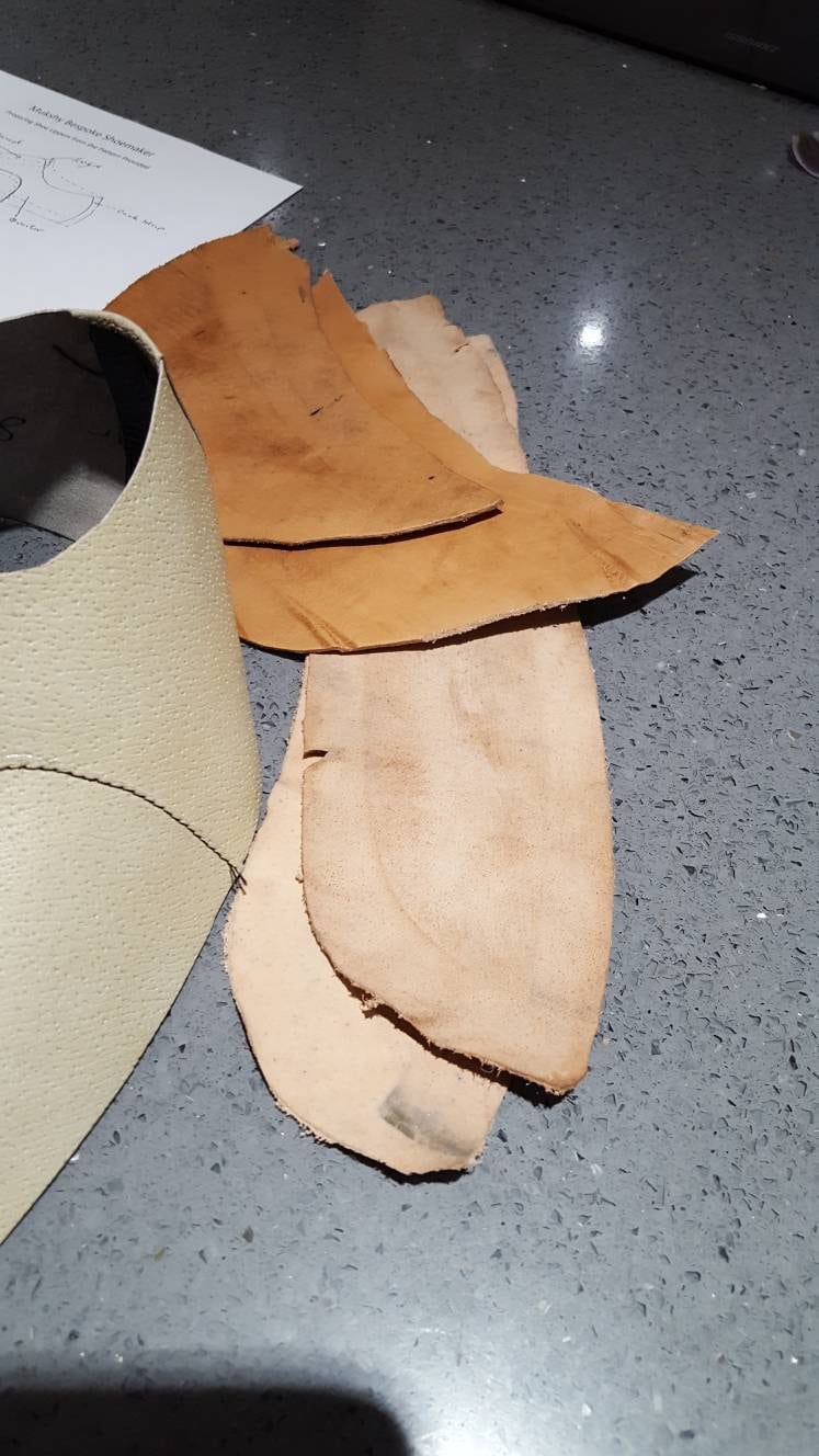 Partial view of mock leather uppers and leather stiffeners
