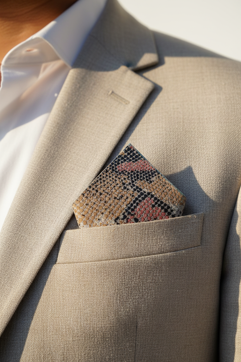 Multicolour Snake Print Pocket Square — Lifestyle in Stone Suit