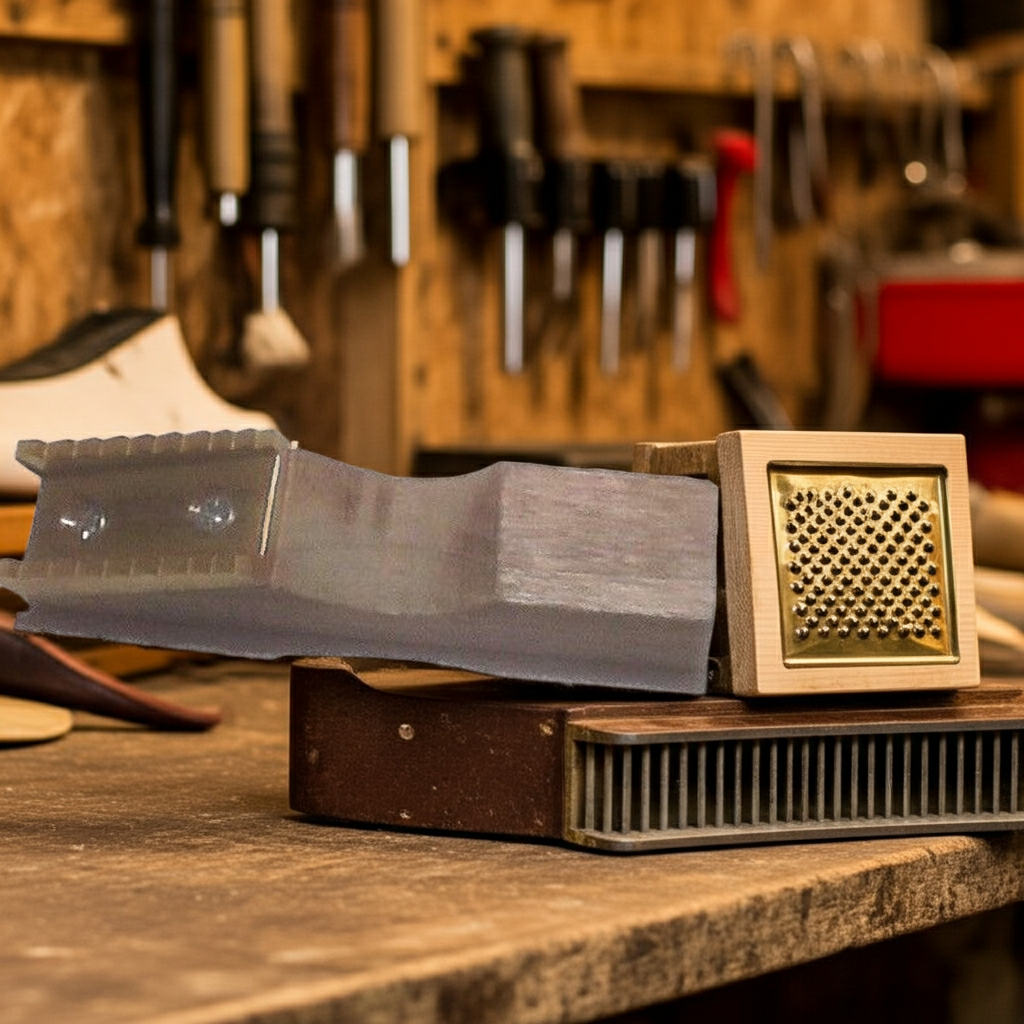 A leatherworking tool set on a wooden workbench, featuring a welt mill resting on a dark metal anvil and a brass-and-wood grater block, with a blurred workshop background.