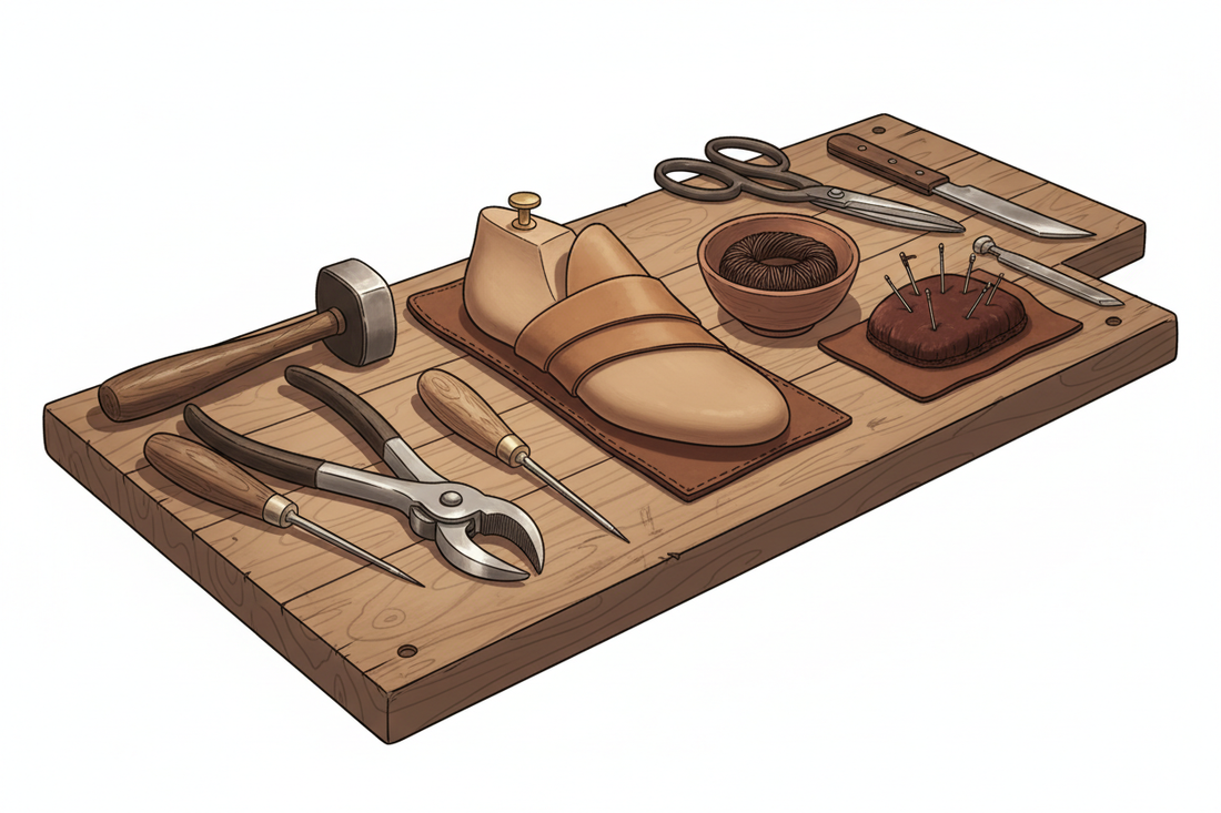 Illustration of tools and materials for making shoes or repairs