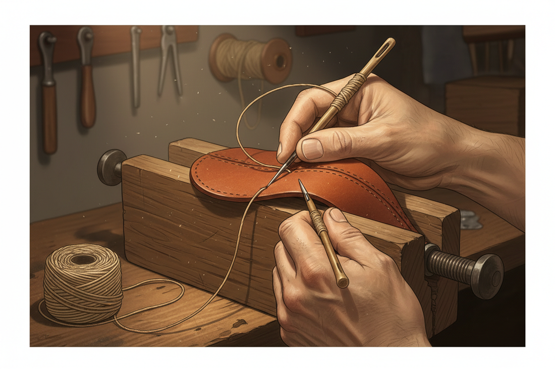 Illustration of performing hand saddle stitch work on shoe uppers