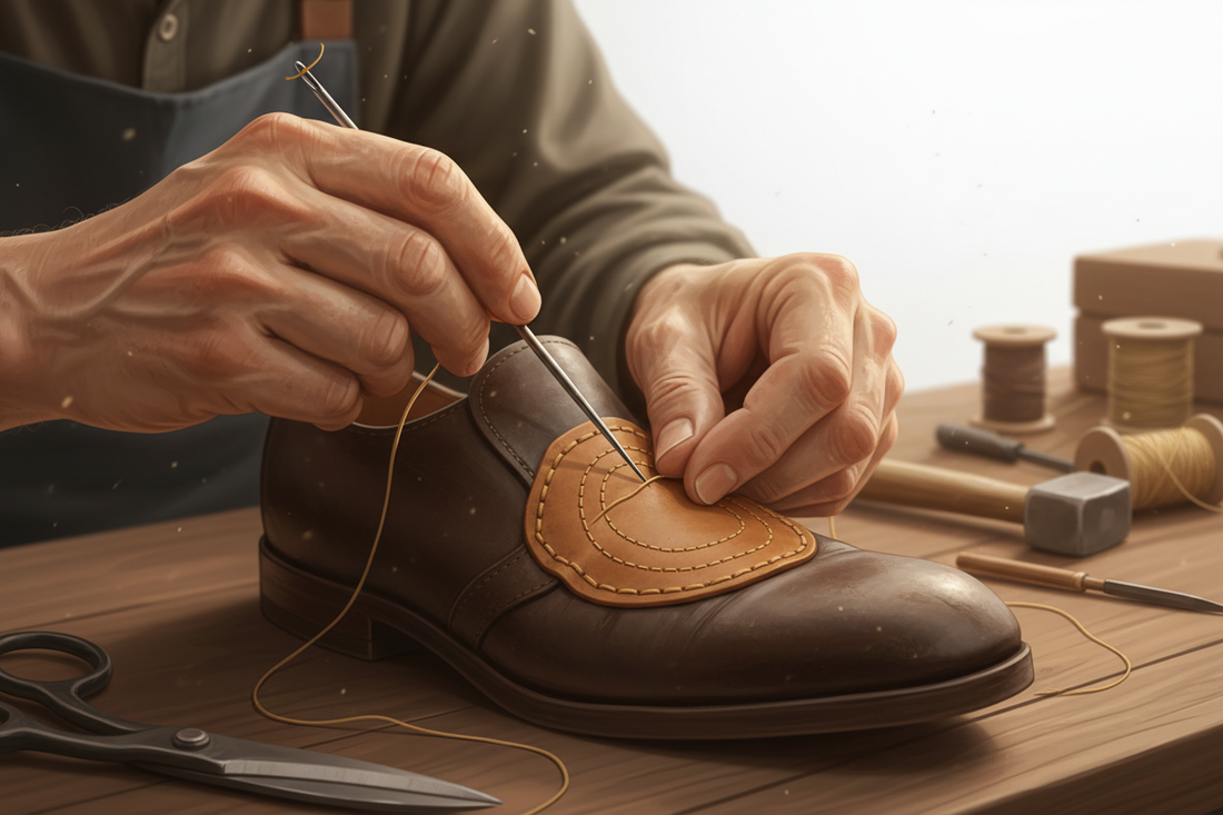 Illustration of using awls to perform patch stitch work on leather shoes