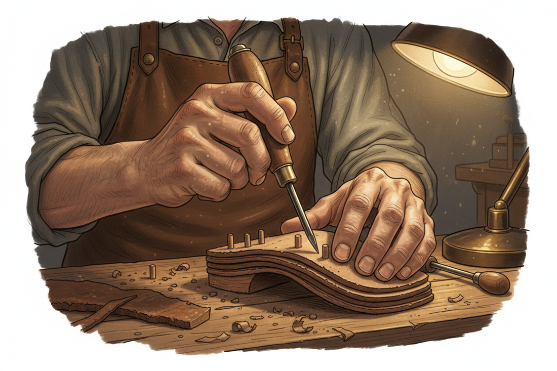 Illustration of driving wooden pegs into leather soles using pegging awl