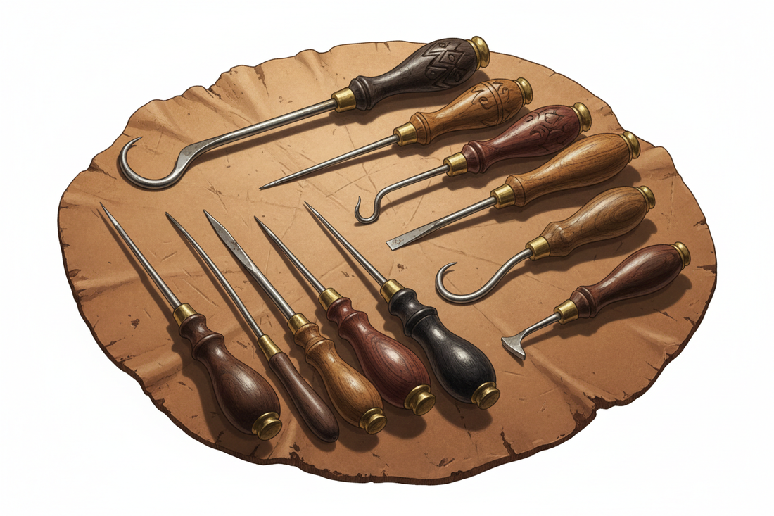 Illustration of random shoemaking tools showing hooks, straight awls and stitch marker