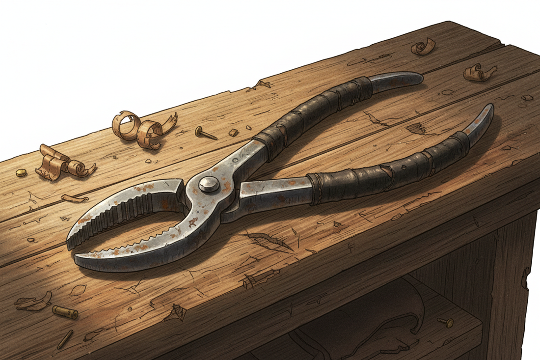 Illustration of vintage shoemakers leather pulling pliers on wooden bench