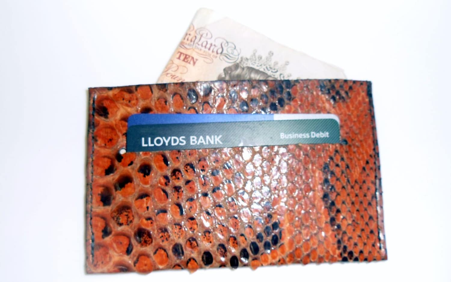 Anaconda Snakeskin Leather Wallet with cash and credit cards on a white background