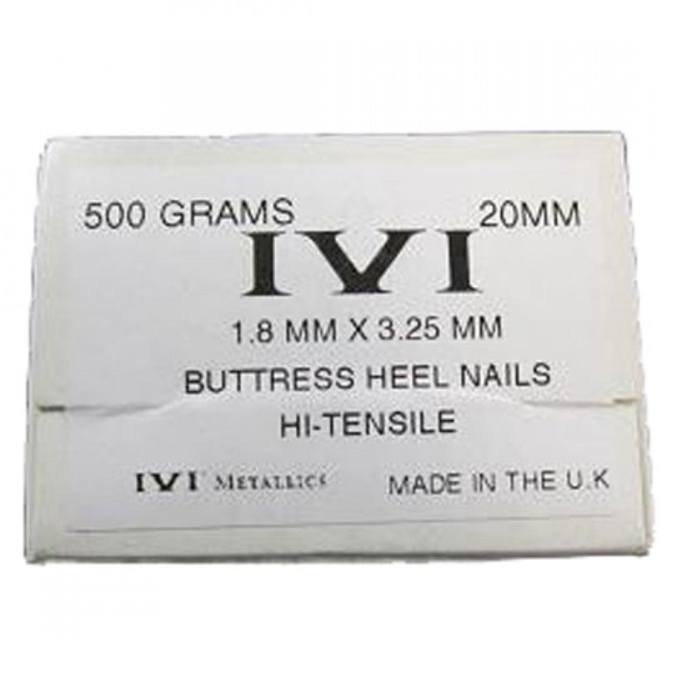 close view of box packaging label 1500GRAMS 20MM IVI BUTTRESS HEEL NAILS HI-TENSILE MADE IN THE U.K 
