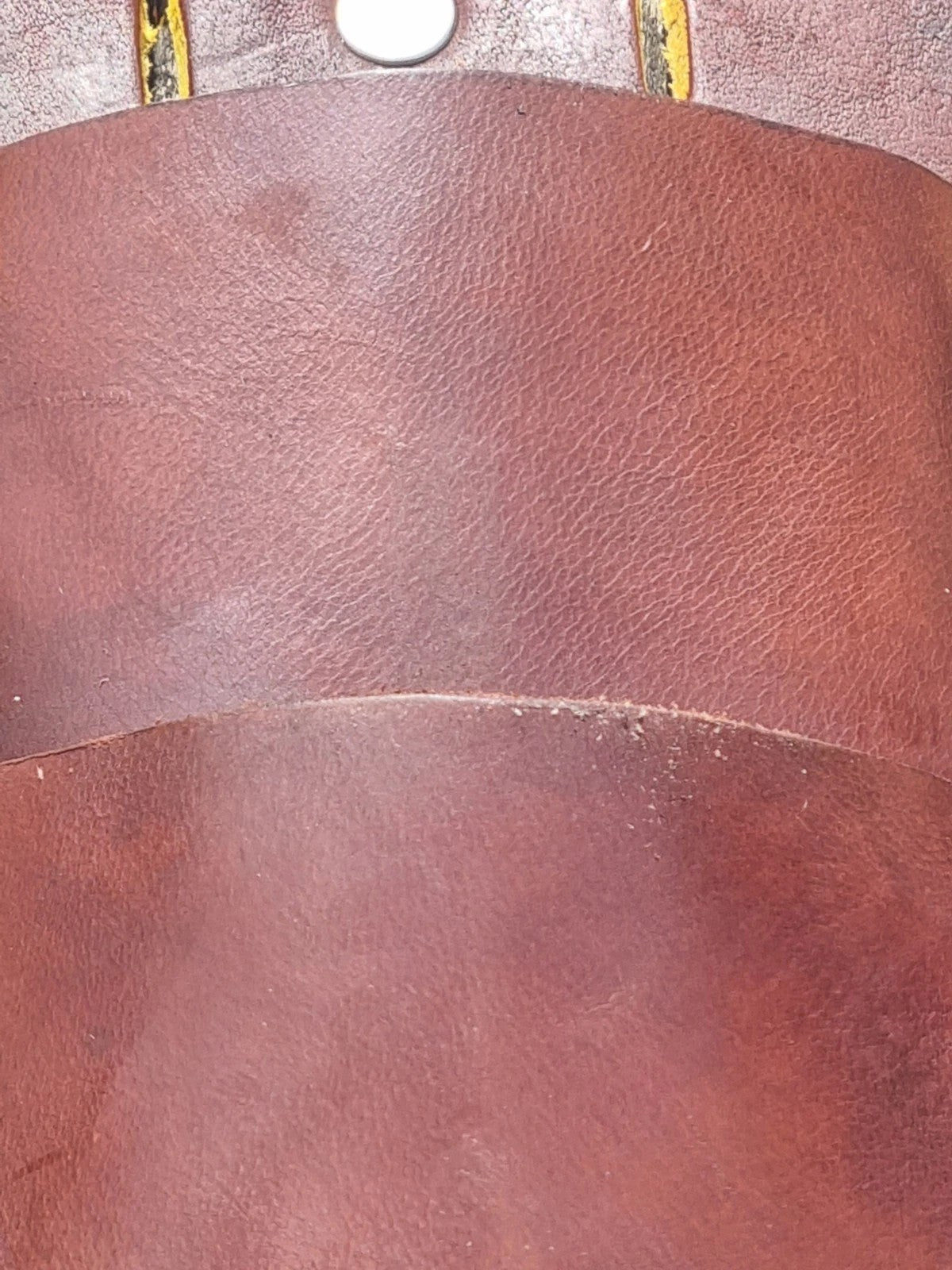 A close-up of a brown leather surface with visible grain texture and a small portion of a white snap button at the top.