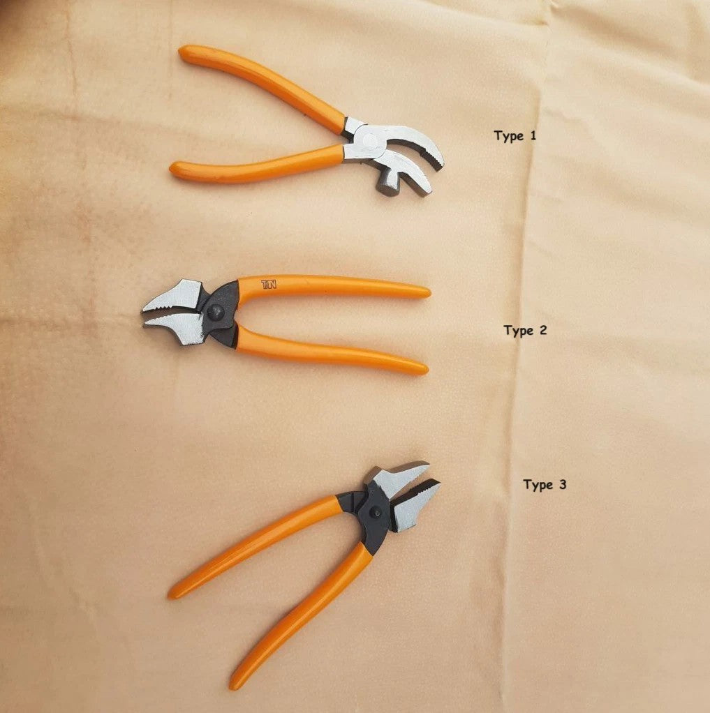 Three pairs of orange-handled shoe lasting pliers labelled Type 1, Type 2, and Type 3, arranged vertically on a beige fabric background.
