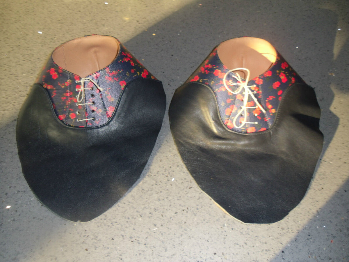 Semi-finished Oxford style leather uppers — black leather with floral vamp panel, lace-up front, leather lined, un-lasted