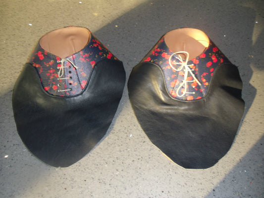 Semi-finished Oxford style leather uppers — black leather with floral vamp panel, lace-up front, leather lined, un-lasted
