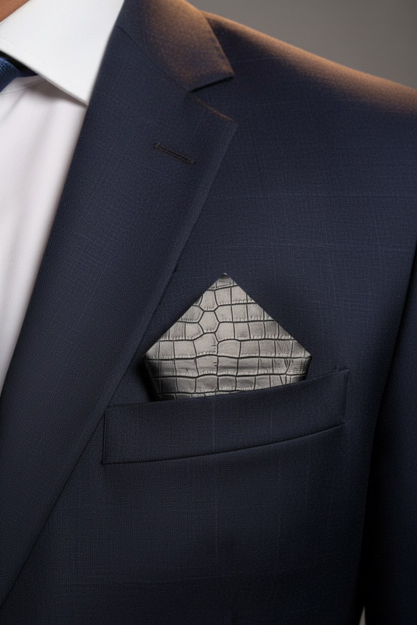 Black Crocodile Embossed Suit Pocket Square — Lifestyle Navy Suit Point Up