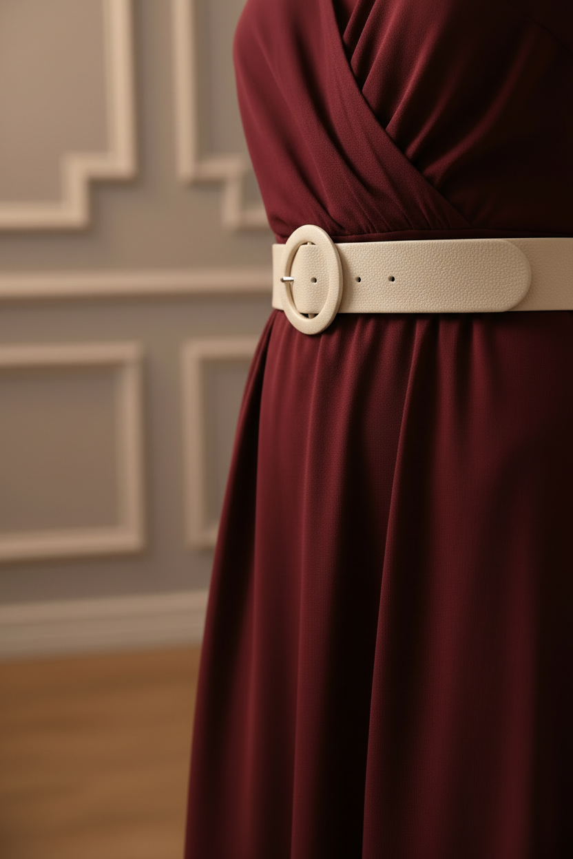 Black leather belt worn over an evening dress