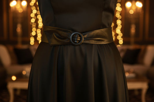 A black soft leather obi cinch waist belt with a buckle, displayed on a floral patterned background.