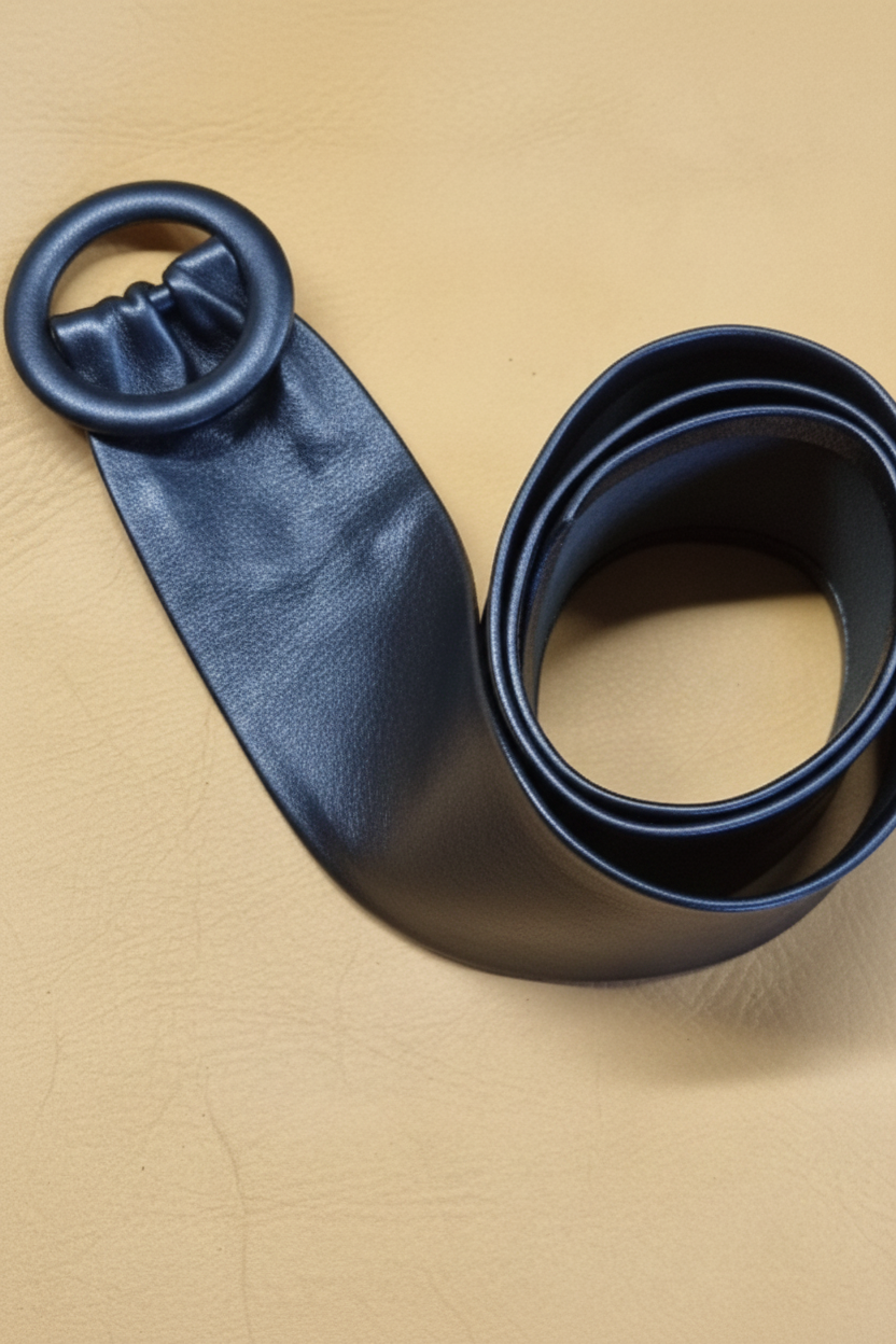 A black leather belt with a leather covered ring buckle, coiled on a textured tan leather surface.