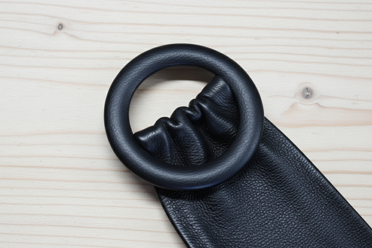 A close-up of a navy blue leather belt featuring a large circular ring buckle, laid flat on a tan textured surface.