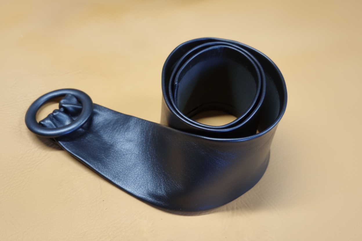 A black leather belt coiled reveling black leather cover buckle 