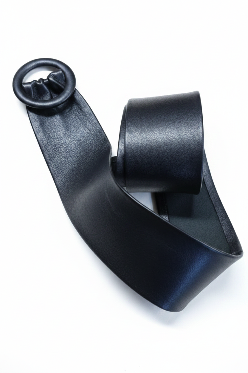 A black leather belt with black leather covered buckle 