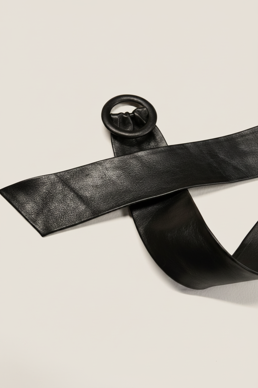 A black leather wide belt crossed over showing buckle and one end of belt.