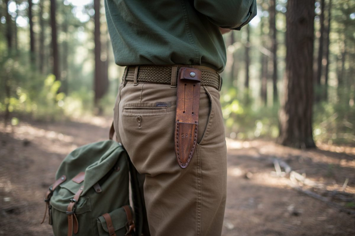 Brown leather knife sheath worn by a scout outdoors