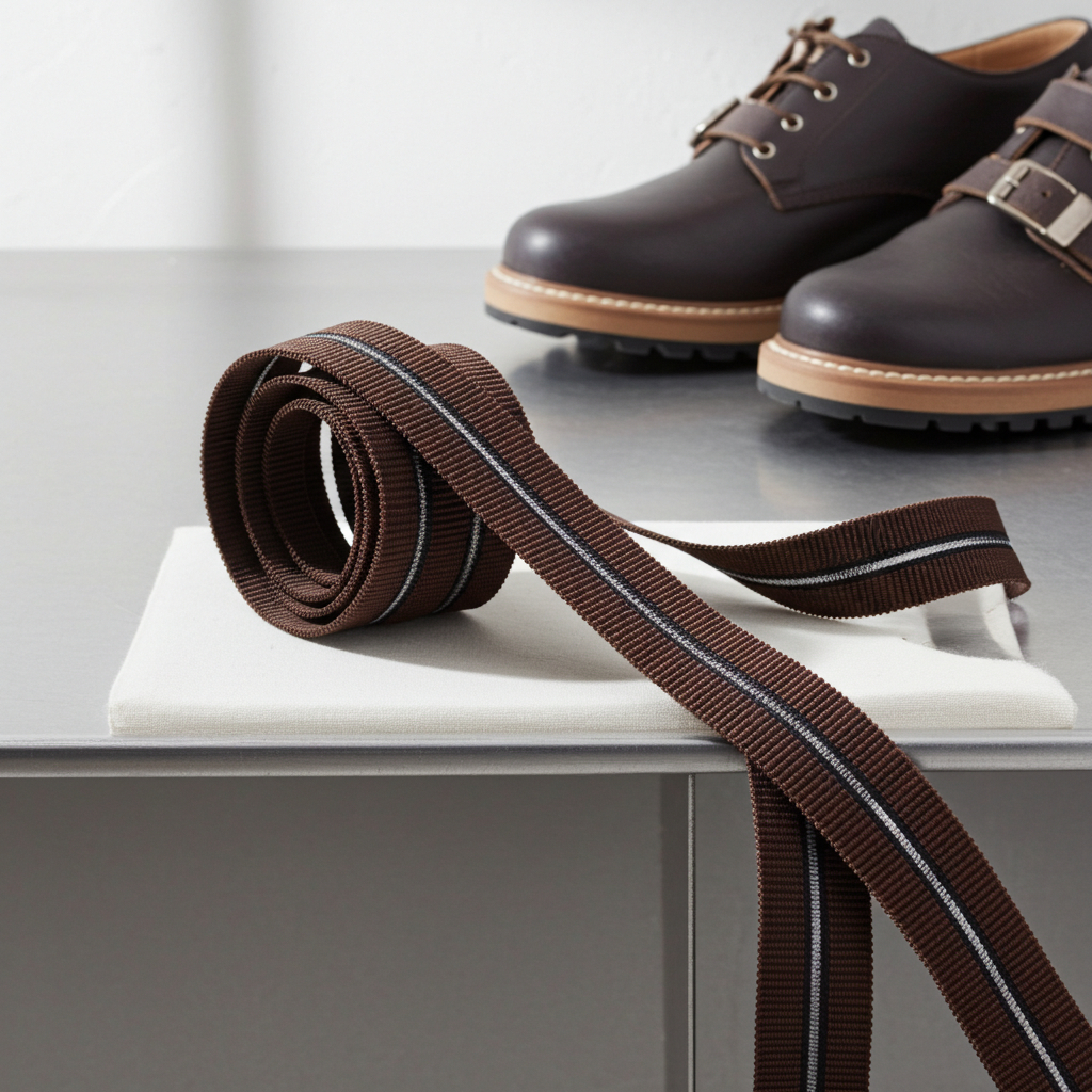 A dark brown buckle elastic showing  thin silver-grey stripe for inserting buckle prong draped over a white surface with a pair of dark brown leather shoes in the background.