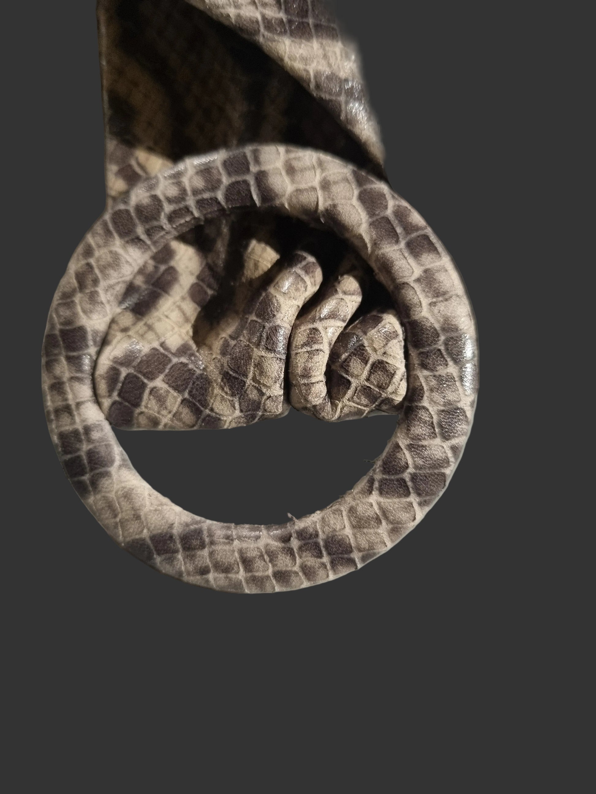 A close-up of a snakeskin-patterned leather buckle embossed with  python print in shades of black and grey.