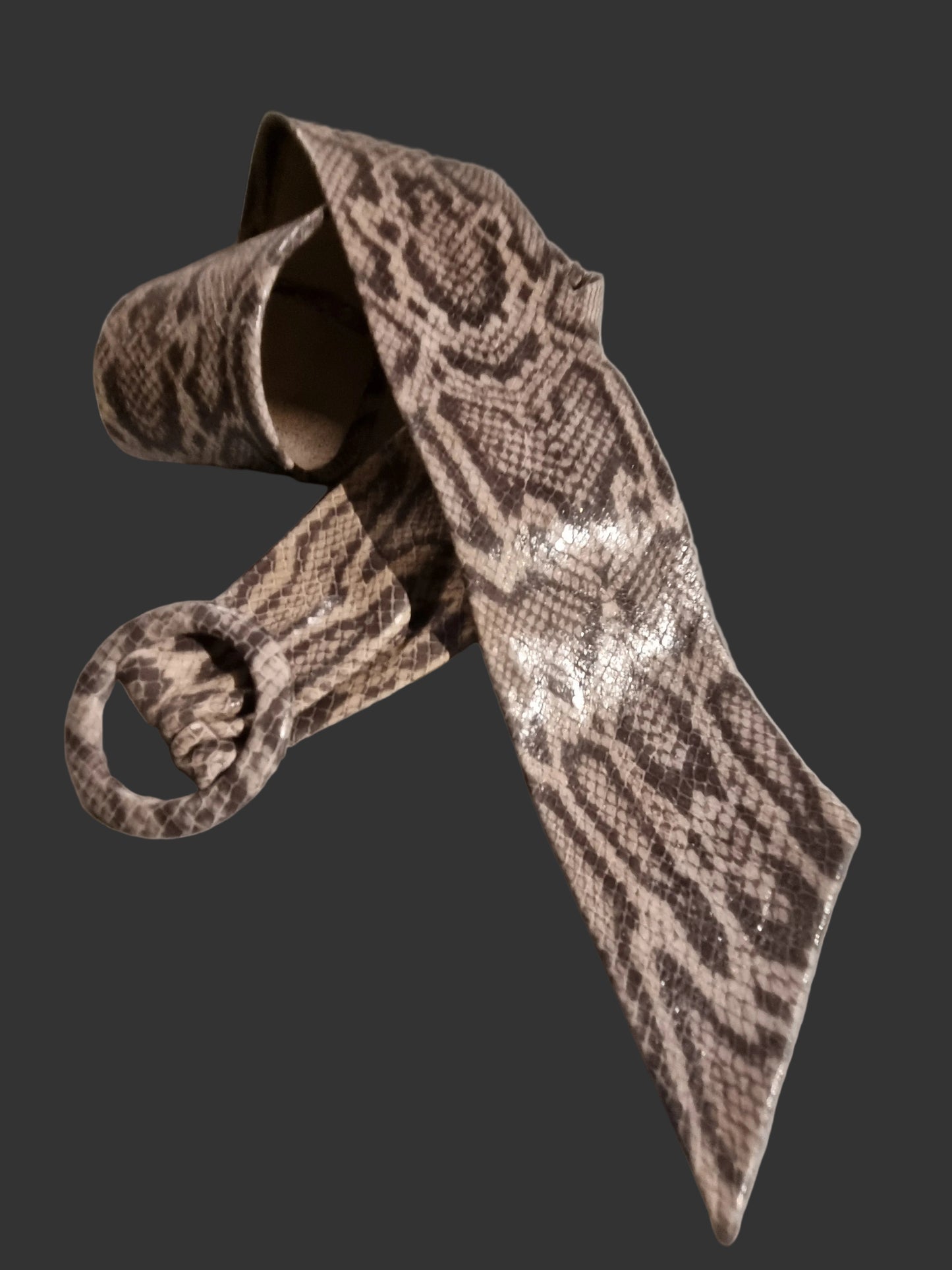 A snakeskin-patterned women leather waist cinch belt with grey and black scale design, shown rolled up and unrolled on a light gray surface.