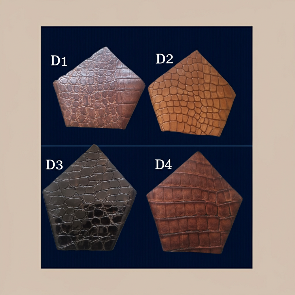 Four pentagonal crocodile-embossed leather material swatches labeled D1, D2, D3, and D4 on a dark navy panel, with a beige border around the image.