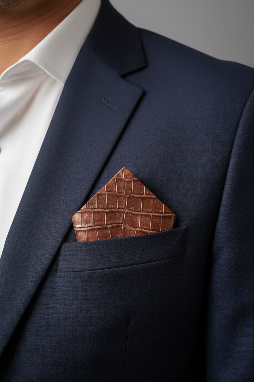 D1 — Rose Copper Crocodile Print — Navy Suit