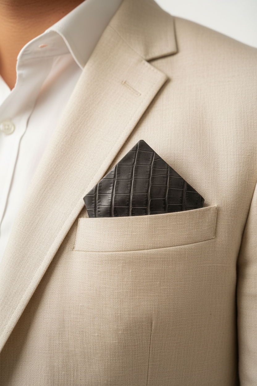D3 — Dark Grey Black Crocodile Print — Cream Linen Suit