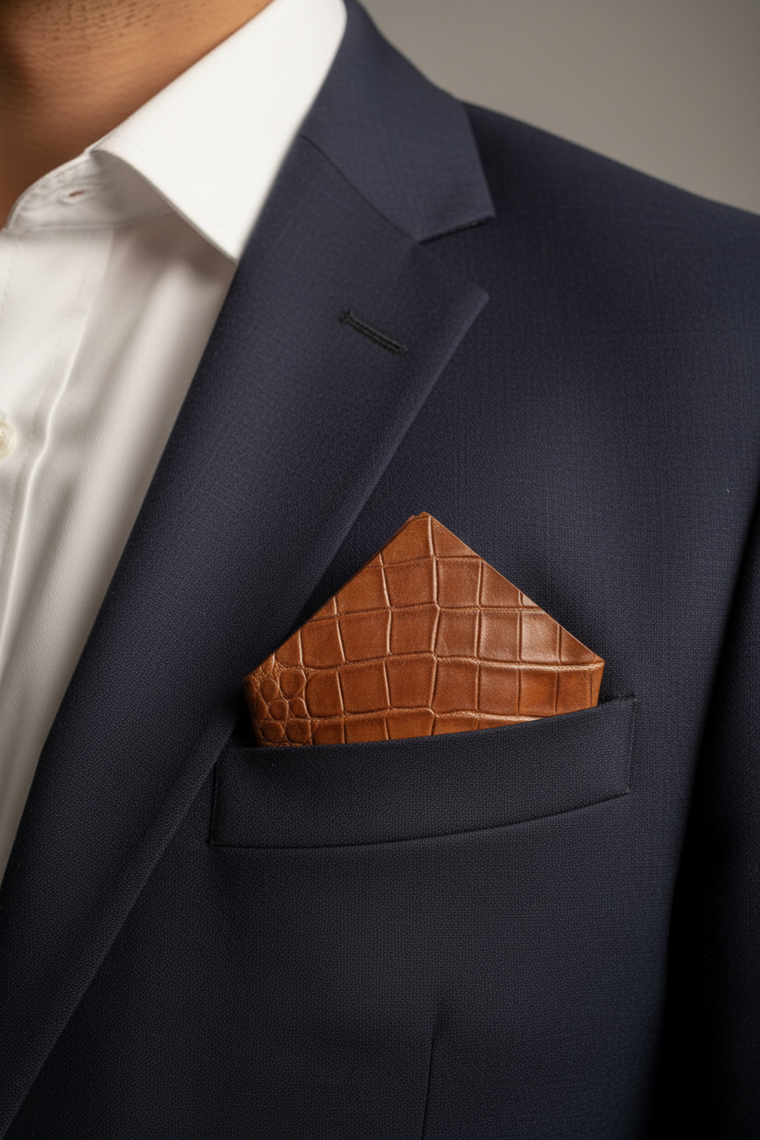 D4 — Warm Brown Crocodile Print — Navy Suit