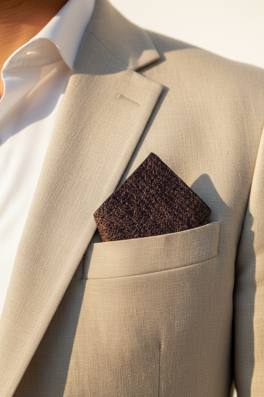 Dark Brown Cobra Print Pocket Square — Lifestyle in Cream Linen Suit