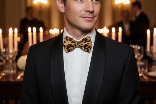 Exotic Leopard Hair-On Bow Tie — Real Product Evening Lifestyle