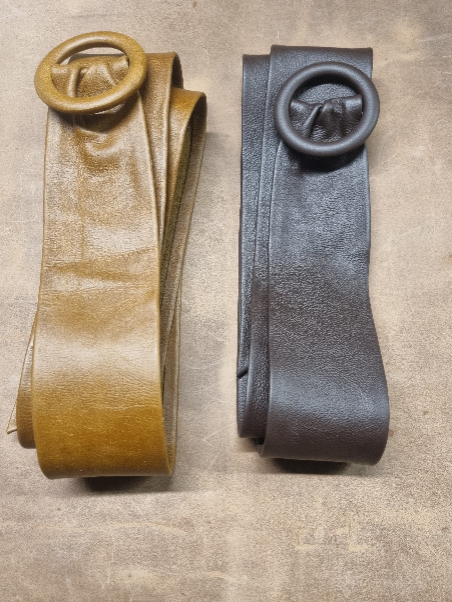 Tan and dark brown prong-free leather obi cinch belts