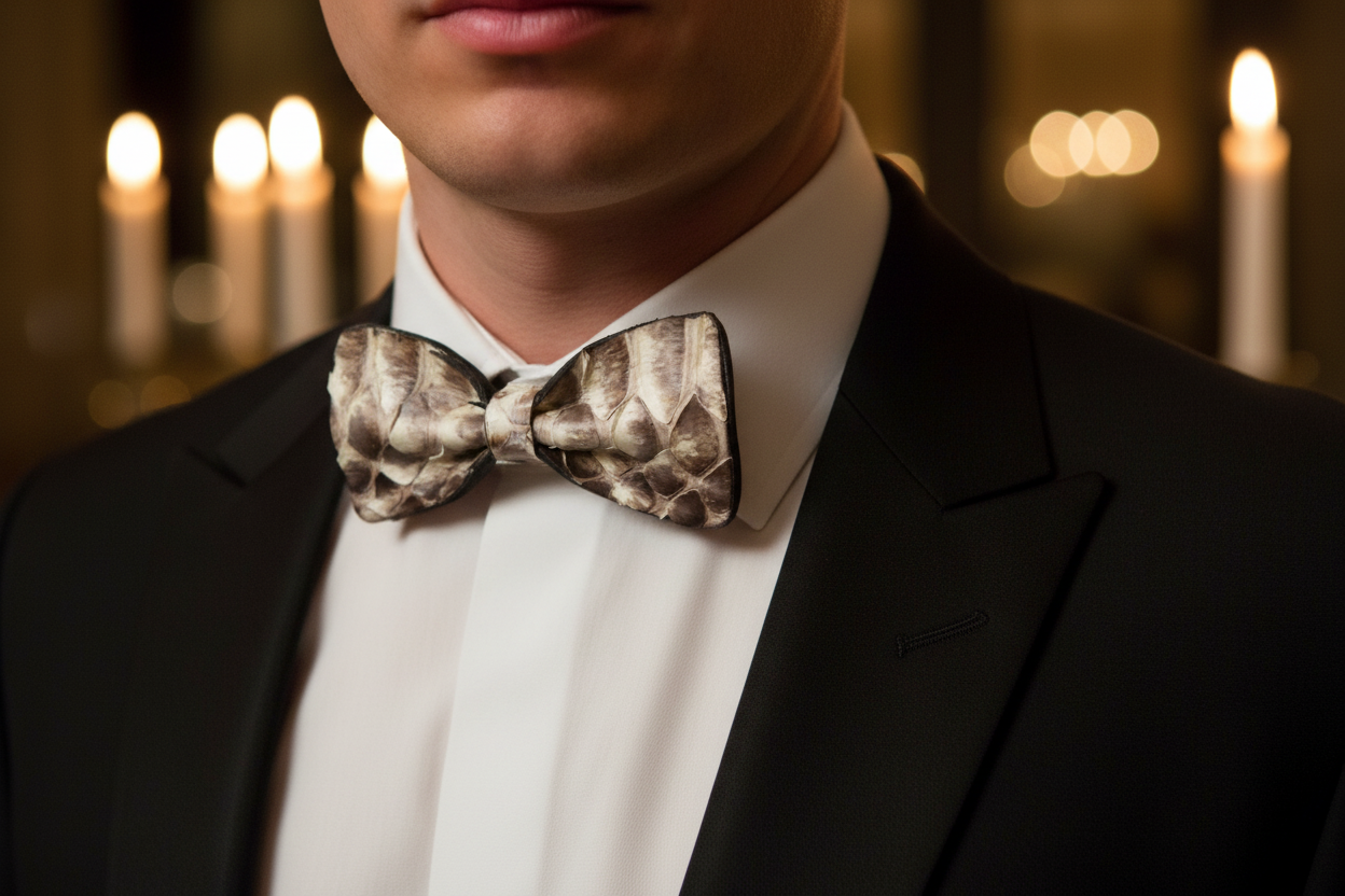 Man wearing a natural python snakeskin leather bow tie with a white dress shirt and black dinner jacket in an elegant candlelit evening setting.