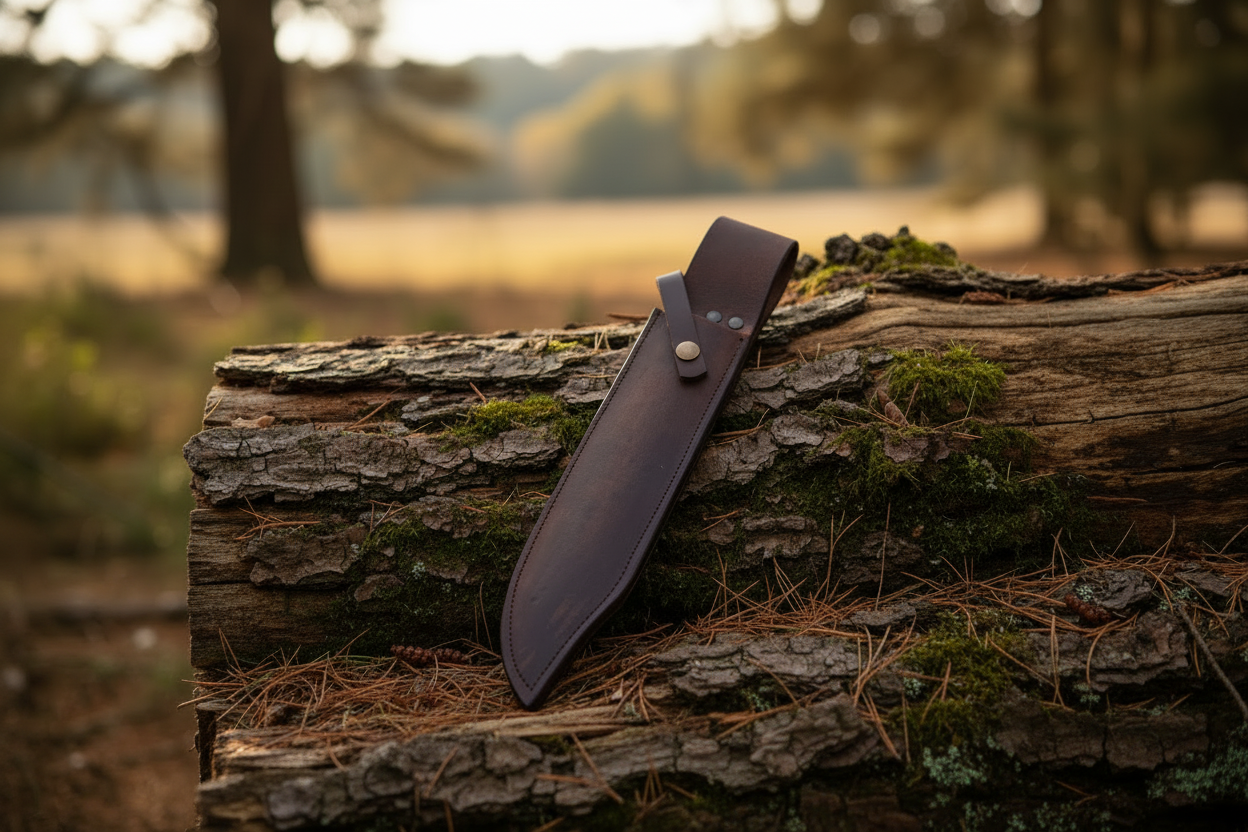 Handcrafted leather Bowie knife sheath with crossover loop, placed on a weathered oak log in an English forest setting
