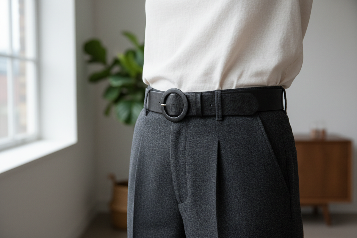 Lifestyle image of the black leather belt being worn