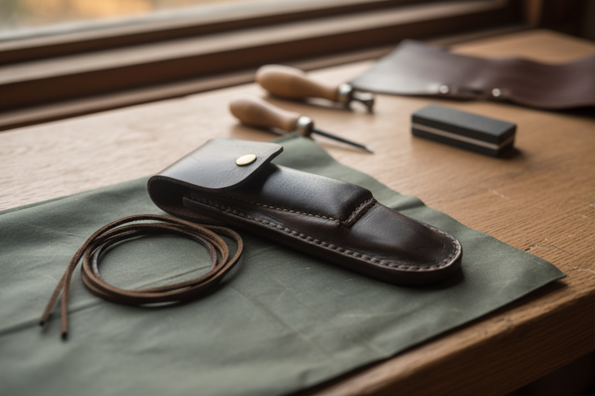 Lifestyle image of the black leather knife sheath on an English oak workbench
