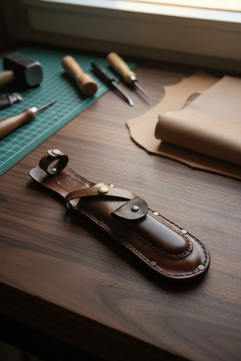 Lifestyle image of the handmade leather sheath