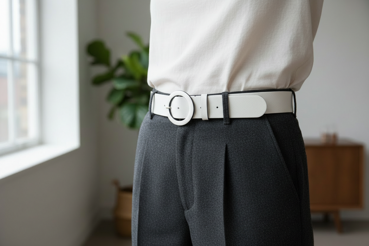 Lifestyle image of the white leather belt being worn