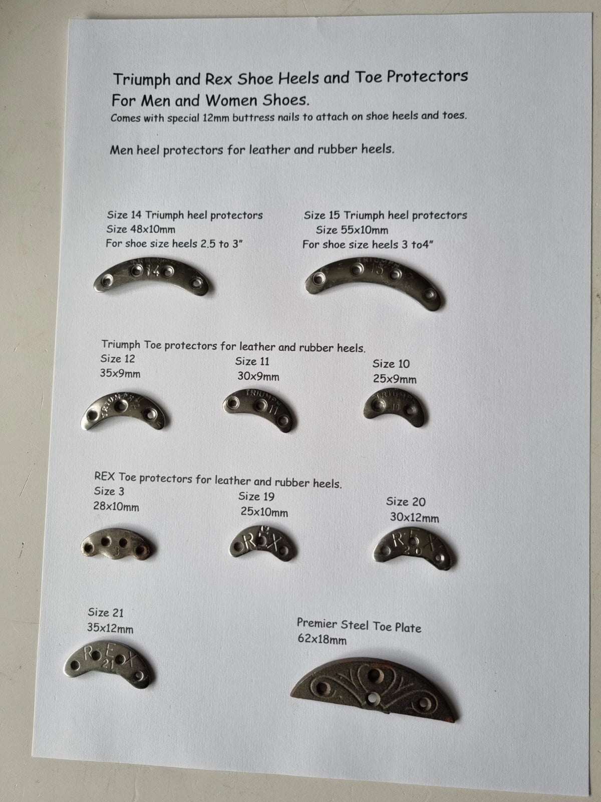 An image showing various sizes of Triumph steel heel and toe protectors, with descriptions of each segment's size and shape, displayed on a white background