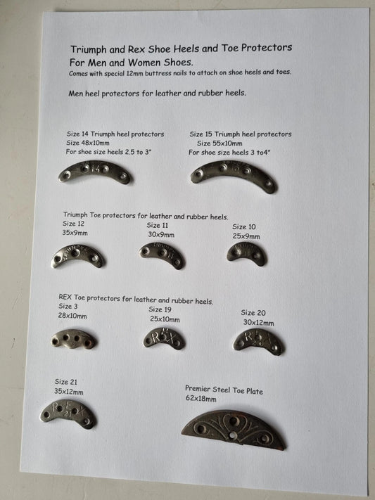 An image showing various sizes of Triumph steel heel and toe protectors, with descriptions of each segment's size and shape, displayed on a white background