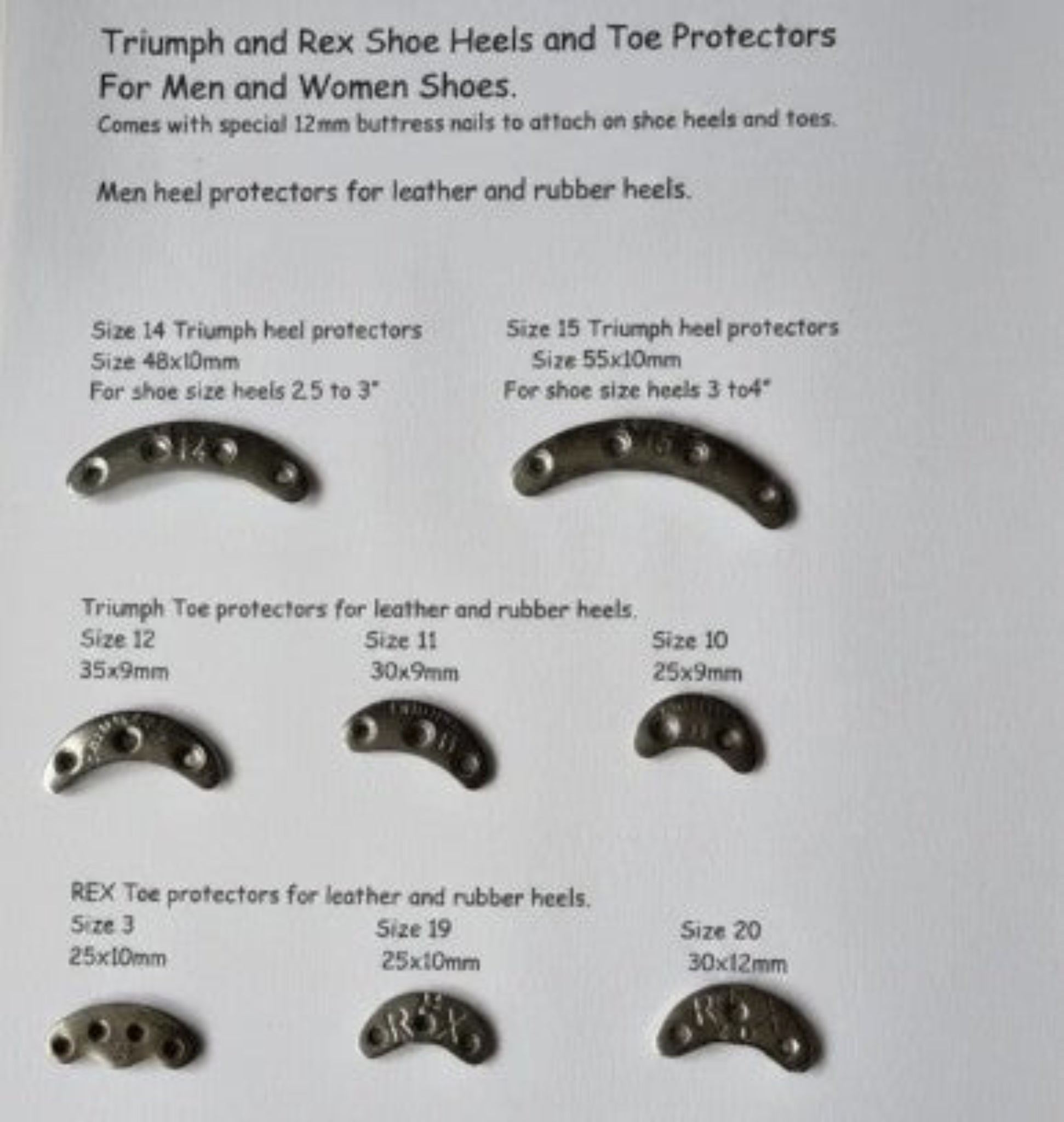 A set of metal shoe heel and toe protector segs displayed on a white background, with printed text listing sizes and types including Triumph and REX Toe protectors.