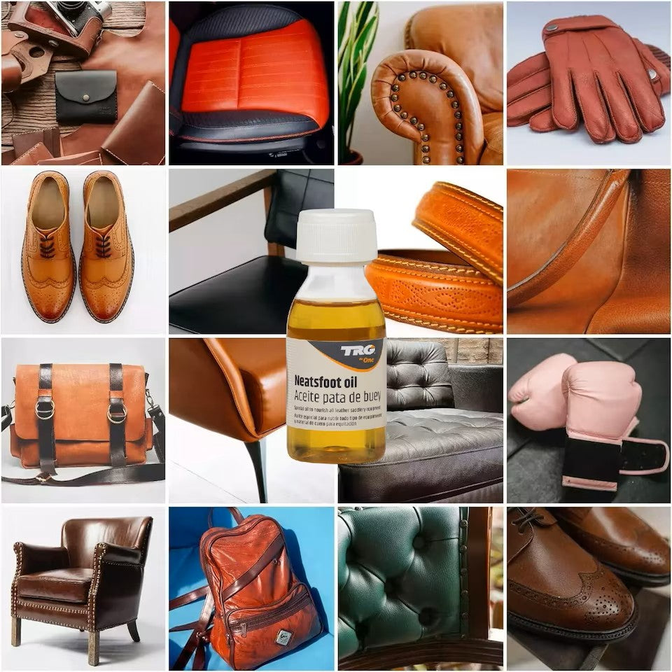 A 12-panel collage showing various leather goods and a bottle of TRG Heatsfoot oil. The items include brown leather shoes, gloves, a leather bag, an armchair, a backpack, a tufted leather chair, and a close-up of a leather boot.