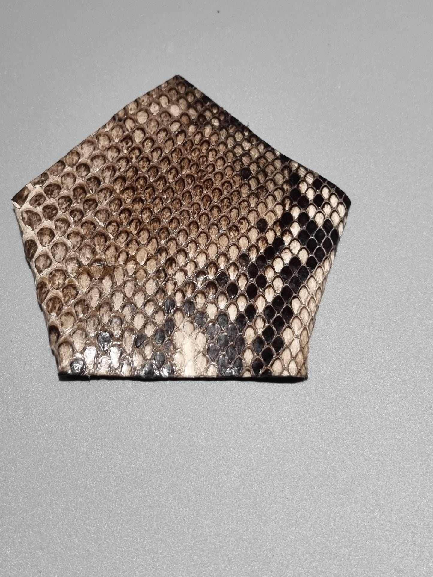 A real snakeskin suit square pocket made from natural python skin showing a real scales pattern in shades of brown, beige, and black, laid flat on a neutral gray background.