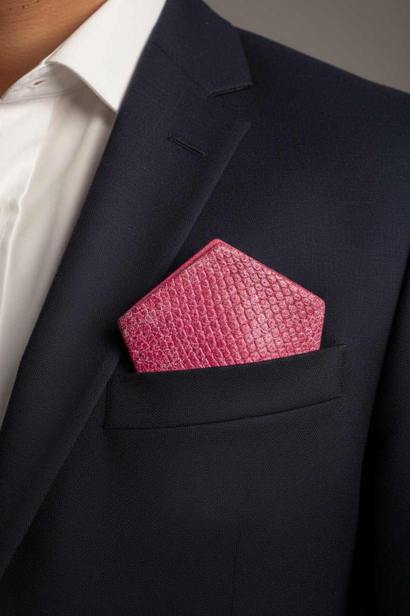 Pink Cobra Print Pocket Square — Lifestyle in Navy Suit
